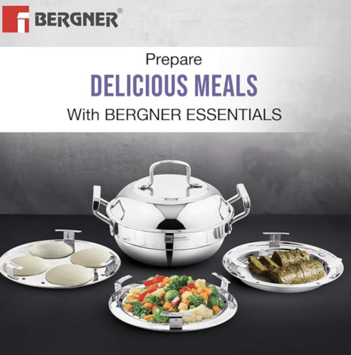 Bergner BE Bergner Essentials Triply Stainless Steel 21cm Multi Kadai - 2 Pcs Idli Plates, 1 Pc Appam Plate with 19 Cavities, 1 Pc Patra Plate and 1 Pc Steam Plate, Less Cooking Oil - Induction Bottom - Image 2